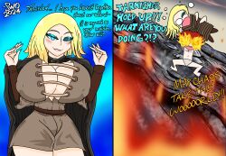  blonde_hair blue_eyes blush breasts cleavage cloak elden_ring eyeshadow femsub flame huge_breasts humor large_breasts leanne_(super_weird_one) melina_(elden_ring) possession super_weird_one superweirdman text thick_thighs wide_hips 