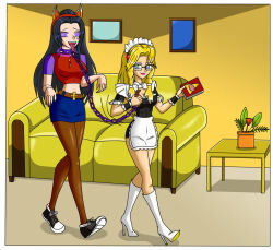  anabel_montemayor black_hair blonde_hair carlosfco collar dog_ears femdom femsub glasses happy_trance hypnotized_walking original pet_play sabrine_hudson spiral_eyes tongue_out 