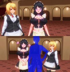  3d black_hair blonde_hair blue_eyes blush cleavage cleavage_cutout custom_maid_3d_2 empty_eyes evil_smile expressionless femdom femsub happy_trance heart long_hair looking_at_viewer magic maid maid_headdress midriff mole navel open_mouth orange_eyes ribbon sequence setonoyorimiti smile standing standing_at_attention surprised 