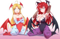 ahoge asia_argento blonde_hair blush breasts cleavage demon_girl femsub gloves happy_trance high_school_dxd kneeling large_breasts long_hair manip masta_(manipper) monster_girl open_mouth opera_gloves red_hair rias_gremory smile spread_legs white_background whitewash_eyes wings