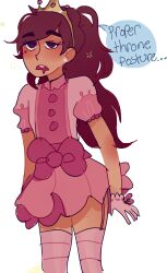 artist_request crossdressing dazed disney dress drool feminization garter_straps male_only malesub marco_diaz mole princess_marco ring_eyes solo star_vs_the_forces_of_evil text thighhighs western