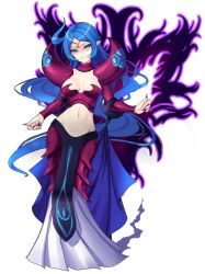  akirayui alternate_costume aura blue_hair breasts cleavage dress elf_ears empty_eyes evil_smile female_only femsub jewelry long_hair long_nails navel nayru nintendo oracle_of_ages possession shoulder_pads solo source_request symbol the_legend_of_zelda veran white_background 