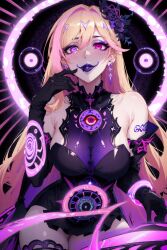  absurdres ai_art alternate_costume bare_shoulders blonde_hair breasts cleavage corruption dress durandal earrings femsub finger_to_mouth gloves glowing glowing_eyes happy_trance honkai_impact_3rd large_breasts long_hair makeup necklace night opera_gloves pink_eyes purple_eyes skirt smile spiral standing tight_clothing video_game xftriber 
