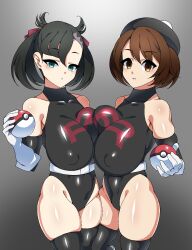  black_hair blue_eyes breast_press breasts brown_hair dead_source empty_eyes erect_nipples erect_nipples_under_clothes female_only femsub gloria_(pokemon) gloves gradient_background grey_background hat high_heels huge_breasts leotard looking_at_viewer marnie_(pokemon) multiple_girls multiple_subs nintendo opera_gloves pokemon pokemon_sword_and_shield rubber short_hair simple_background symmetrical_docking team_rocket thick_thighs thigh_boots thighhighs twintails xenoxeno 