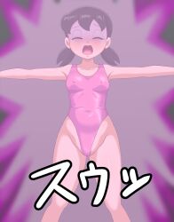  black_hair blush doraemon_(series) haigure leotard shizuka_minamoto short_hair su_retro_space swimsuit text translation_request 
