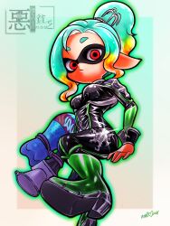   absurdres akuochiteki border breasts clothed elf_ears enemy_conversion expressionless femsub gradient_background green_background grey_background hair_ornament heart high_heels hypnotized_dom inkling inkling_girl latex looking_at_viewer mechanic_(splatoon_raiders) multicolored_hair ponytail red_eyes signature splatoon splatoon_raiders tight_clothing watermark weapon 