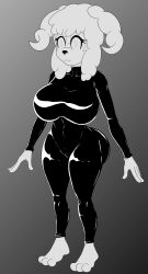  absurdres ayuko_(jcroth) barefoot bodysuit breasts drone empty_eyes expressionless femsub furry greyscale indeedee latex monochrome nintendo original pokemon rutilus standing standing_at_attention tagme 