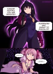  absurdres alternate_costume aura bad_end beret black_hair capcom clothed costume empty_eyes english_text female_only femdom femsub gloves gun homura_akemi hypnotized_dom leggings long_hair lying madoka_kaname magical_girl pink_hair puella_magi_madoka_magica purple_eyes shadaloo_dolls short_hair street_fighter tears text thighhighs tie twintails victoriamikoto weapon 