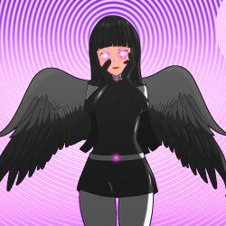  absurdres ambiguous_pov ami_(surrisaki) androgynous_sub angel angel_girl black_hair breasts clothed femdom gloves glowing_eyes hand_on_head hypnotic_eyes looking_at_viewer original pov pov_sub ring_background short_hair spiral_eyes surrisaki wings yandere 
