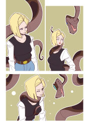  android_18 blonde_hair clothed coils disney dragon_ball dragon_ball_z ef-nsfw femsub groping indifferent kaa kaa_eyes maledom short_hair snake surprised tail the_jungle_book 