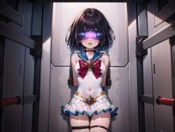 ai_art arms_behind_back black_hair bow bow_tie breasts choker corruption female_only femsub garter glowing jewelry koimin4_(generator) magical_girl navel open_mouth restrained short_hair skirt tech_control tight_clothing visor