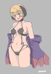  animal_ears bare_shoulders blush breasts choker cleavage cosplay costume dog_ears dog_girl fate/grand_order fate_(series) female_only femsub gareth_(fate) midriff multicolored_hair navel open_mouth ring_eyes robocchi shuten_doji sideboob signature simple_background smile solo thighs 