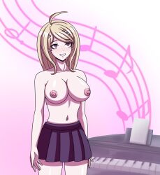  breasts cleavage dangan_ronpa dangan_ronpa_v3 electrickronos empty_eyes erect_nipples female_only femsub hair_ornament heavy_eyelids hypnotic_music kaede_akamatsu large_breasts open_mouth skirt smile solo standing tagme topless 