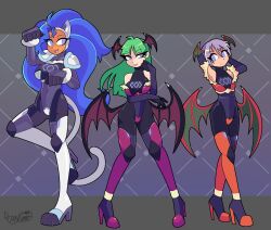  alternate_costume arms_above_head bare_shoulders blue_hair breasts capcom cat_girl clothed costume darkstalkers enemy_conversion felicia_(darkstalkers) female_only femsub final_fantasy final_fantasy_xiv green_hair grey_eyes happy_trance harem high_heels large_breasts lilith_aensland long_hair morrigan_aensland multiple_girls multiple_subs neo_garlean_empire posing purple_hair rakuma-imp short_hair small_breasts square_enix standing succubus very_long_hair wings 