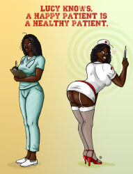  advertisement ass before_and_after bent_over black_hair dark_skin empty_eyes femsub happy_trance hat high_heels hypnolion looking_back lucy_(hypnolion) nurse original spiral text 