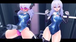  3d absurdres arms_behind_back before_and_after blue_eyes blush boots corruption crotch_rub custom_maid_3d_2 erra female_only femsub gloves leotard long_hair looking_at_viewer open_mouth orgasm original restrained rubber silver_hair smile solo tech_control thigh_boots thighhighs tongue tongue_out vibrator visor 