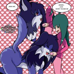  amnesia animal_ears blue_hair bottomless caption dog_pose empty_eyes femsub furry happy_trance idpet jewel_(niceguy) long_hair magic nude original pet_play red_eyes tail tail_growth text tongue tongue_out topless transformation werewolf xiana_(niceguy) 