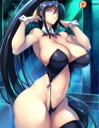  akeno_himejima black_hair breasts bunnysuit cleavage cuffs exposed_chest female_only femsub glowing glowing_eyes haganef happy_trance high_school_dxd huge_breasts large_hips long_hair looking_at_viewer manip misterman4_(manipper) ponytail smile spiral_eyes symbol_in_eyes tagme thick_thighs thighhighs 