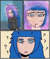  amnesia blue_hair comic confused femsub gotymoment spiral_eyes text valerie_(gotymoment) 