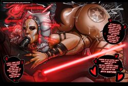 ahsoka_tano alien alien_girl ass ass_grab corruption darth_vader dialogue enemy_conversion english_text fellatio femsub huge_ass lightsaber maledom multiple_boys multiple_doms oral orange_skin red_eyes sex spiral star_wars tattoo text vaginal zelhypno