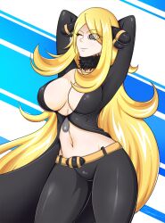  blonde_hair breasts choker cleavage cynthia female_only femsub hair_covering_one_eye hair_ornament happy_trance icontrol_(manipper) large_breasts manip midriff navel nintendo pokemon pokemon_diamond_pearl_and_platinum slimysoap smile solo spiral_eyes symbol_in_eyes very_long_hair wink 