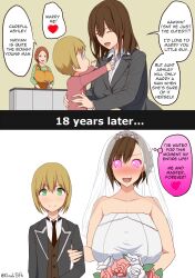  before_and_after blueanyday_(manipper) blush breasts bridal_veil brown_hair femsub heterosexual incest kiddom kloah large_breasts maledom spiral_eyes symbol_in_eyes text wedding_dress 