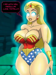 absurdres blonde_hair breasts cleavage corruption cosplay dc_comics dialogue earrings empty_eyes expressionless female_only femsub glowing glowing_eyes jewelry large_breasts large_lips lindsay_(total_drama) long_hair open_mouth solo standing super_hero tech_control text total_drama western wonder_woman zorro-zero