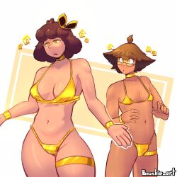  ahoge bracelet breasts brown_hair brushie_art bulge choker cleavage collarbone crossdressing curly_hair dazed drool eyebrows_visible_through_hair femsub glasses glowing_eyes gold golden_swimsuit hair_ribbon hypnotic_clothing legs malesub micro_bikini multiple_subs navel open_mouth original parker_(brushie_art) penny_(brushie_art) ribbon short_hair simple_background thong white_background wide_hips wrist_band yellow_background yellow_eyes 