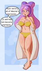  bare_legs barefoot blue_background blush bra breasts cameltoe cleavage collarbone dialogue earrings female_only femsub finger_to_mouth hand_on_hip long_hair maledom miriam_(pokemon) multicolored_hair navel nintendo open_mouth panties pink_hair pokemon pokemon_scarlet_and_violet purple_eyes purple_hair ring_eyes simple_background solo speech_bubble standing steam text underwear undressing vexypop 