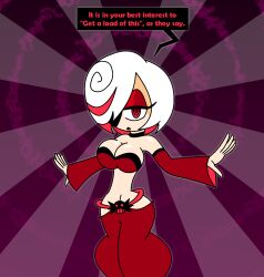 aged_up alternate_costume bare_shoulders breasts cleavage clothed costume dancer dancing dialogue english_text eyeshadow female_only femsub hair_covering_one_eye harem_outfit hypnoscream large_breasts looking_at_viewer makeup midriff navel open_mouth red_eyes sage_(sonic_frontiers) short_hair solo sonic_frontiers sonic_the_hedgehog_(series) speech_bubble spiralwash_eyes text white_hair