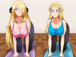  all_fours animated animated_gif blonde_hair breasts breath_of_the_wild cleavage cynthia elf_ears erect_nipples female_only femsub hair_covering_one_eye large_breasts long_hair nintendo open_mouth pokemon pokemon_diamond_pearl_and_platinum princess princess_zelda shinzu spiral_eyes symbol_in_eyes the_legend_of_zelda yoga_pants 