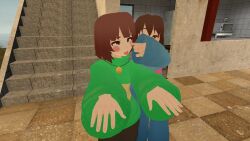  3d arkantix breasts brown_hair chara_(undertale) cheeks crossed_eyes dazed femsub frisk_(undertale) happy_trance hypnotic_touch maledom open_mouth short_hair smile straight-cut_bangs tongue tongue_out undertale zombie_walk 