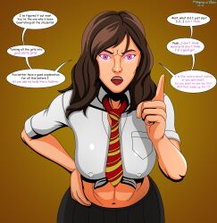  absurdres altered_common_sense angry bimbofication brown_hair corruption dialogue female_only femsub glowing glowing_eyes happy_trance harry_potter_(series) hermione_granger long_hair megaguardain open_mouth school_uniform skirt text western 