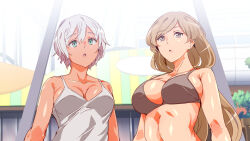 bare_shoulders bikini blue_eyes breasts brown_hair cleavage collarbone comic expressionless female_only femsub huge_breasts indifference_pool leotard long_hair looking_at_viewer nyuu_(manekin-eko) open_mouth pov pov_dom short_hair small_breasts topless white_hair