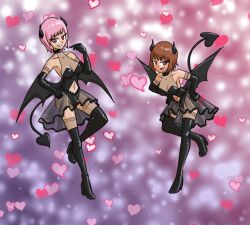 aged_up alternate_costume bandai_namco bare_shoulders boots breasts brown_hair clothed corruption estellise_sidos_heurassein evil_smile eye_color_change female_only femsub gloves hand_on_hip happy_trance heart high_heels horns looking_at_viewer midriff mythkaz navel opera_gloves pink_hair red_eyes rita_mordio see-through short_hair skirt slit_pupils smile succubus symbol tail tales_of_(series) tales_of_vesperia thigh_boots thighhighs thighs transformation wings