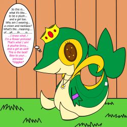  absurdres animals_only bringerofstarsx dollification female_only furry happy_trance nintendo pokemon pokemon_(creature) snivy solo text 