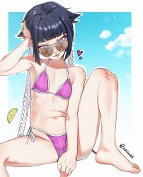  bare_legs barefoot beach bikini black_hair bleach border braid female_only femdom femsub girlinworld(manipper) heart hypnotic_ass manip midriff navel outdoors reflection signature soi_fon solo spiral_eyes sunglasses sweat swimsuit waligner 