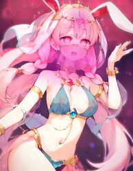  ai_art animal_ears arm_bands bangs bare_shoulders blush bracelet braid bunny_ears bunny_girl choker circlet collar dancer dancing drool earrings female_only femsub glowing_eyes hair_ornament harem_outfit hypnotic_accessory jewelry jinio_(generator) midriff navel necklace open_mouth original pink_background pink_eyes pink_hair purple_background standing symbol symbol_in_eyes veil very_long_hair yodayo_(ai) 