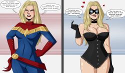 before_and_after blonde_hair breasts captain_marvel carol_danvers cleavage dialogue enemy_conversion female_only femsub gloves glowing glowing_eyes hand_on_hip happy_trance lingerie lip_biting long_hair looking_at_viewer marvel_comics mask polmanning pov pov_dom smile solo super_hero text underwear western