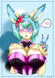 blue_eyes blue_hair breasts bunny_girl choker cleavage corset empty_eyes female_only femsub furry green_hair hair_ornament happy_trance heart itaksuke large_breasts meli_(lapsa) ribbon simple_background smile solo spiral tech_control text tongue tongue_out v visor