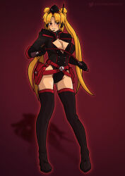  antenna belt blonde_hair breasts cleavage cleavage_cutout corruption earpiece female_only gloves hair_buns hat headphones high_heels hypnotized_dom leotard microphone military_uniform red_eyes riding_crop sailor_moon sailor_moon_(series) simple_background smile solo standing tech_control thigh_boots thighhighs twintails very_long_hair victoriamikoto zz_valkyries_(victoriamikoto) 