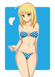 ahoge ar bikini blonde_hair cleavage collarbone empty_eyes fate/stay_night fate/zero fate_(series) female_only femsub green_eyes happy_trance heart long_hair manip masta_(manipper) saber side-tie_panties simple_background smile solo swimsuit