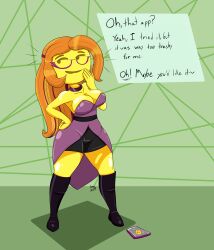 absurdres boots breasts collarbone emoji femsub glasses knee-high_boots kparote22 large_breasts long_hair orange_hair  solo text transformation unaware yellow_skin