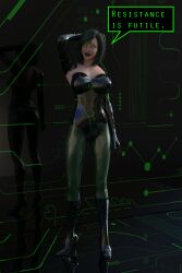 3d dialogue female_only fembot femsub green_eyes green_hair hypnotic_accessory kathy_(theheckle) microchip original robot robotization solo tech_control text theheckle