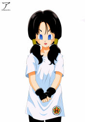  black_hair blue_eyes collarbone dragon_ball dragon_ball_z drool empty_eyes expressionless femsub fingerless_gloves gloves long_hair open_mouth shirt signature simple_background solo tagme takarafanarts videl white_background 