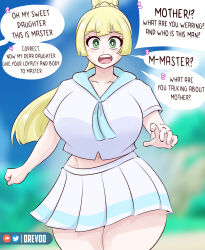  aware before_and_after blonde_hair drevod green_eyes lillie_(pokemon) long_hair lusamine midriff mother_and_daughter navel nintendo open_mouth pokemon pokemon_sun_and_moon ponytail skirt thick_thighs thighs wide_hips 