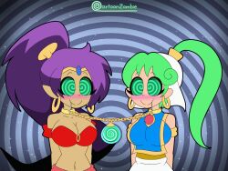  animated animated_gif asha_(wonder_boy) bare_shoulders blush cartoonzombie cleavage clothed collar crossover dark_skin drool earrings female_only genie green_hair happy_trance hypnotic_accessory large_breasts leash long_hair monster_world ponytail purple_hair shantae shantae_(series) smile sparkle spiral spiral_background spiral_eyes wonder_boy 