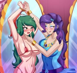 bikini bondage breasts cogbrony complex_background dress embarrassed equestria_girls female_only femsub glowing glowing_eyes happy_trance heart_eyes jewelry large_breasts licking_lips long_hair micro_bikini mirror multiple_girls my_little_pony necklace open_mouth rarity smile symbol_in_eyes tongue tongue_out wallflower_blush yuri