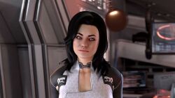  3d animated black_hair blue_eyes cleavage_cutout clothed collarbone female_only femsub happy_trance heavy_eyelids long_hair mass_effect miranda_lawson open_mouth pendulum smile solo spiral_eyes spiralwash_eyes standing video vynil 