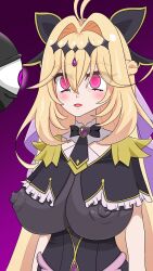  absurdres ahoge bangs blonde_hair blush braid crossover cure_arcana_shadow empty_eyes erect_nipples erect_nipples_under_clothes female_only femsub gradient_background hypnotic_eyes jewelry kuromaru large_breasts long_hair m.u.g.e.n. moawi1 open_mouth pink_eyes precure purple_background solo standing standing_at_attention tie very_long_hair 